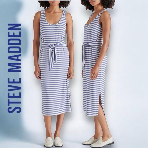 STEVE MADDEN Women’s Stripe Tie Waist Midi Dress in the Size Large in Faded Ink - Picture 1 of 6